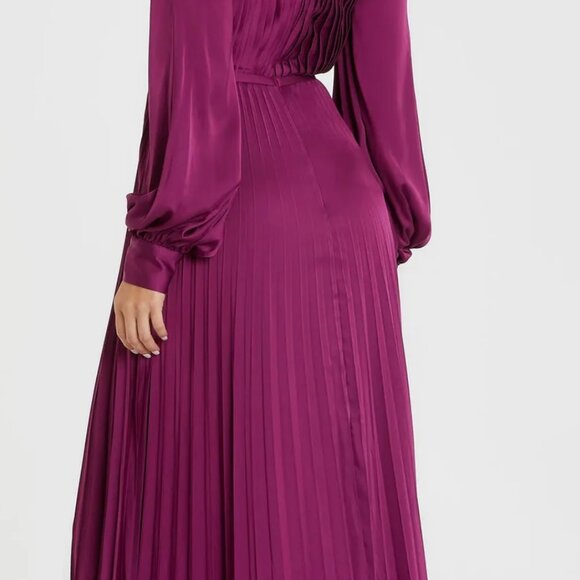 Purple Pleated High Neck Raglan Long Sleeve Side Slit Gown Womens Dress Leena - Picture 5 of 10